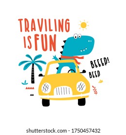 Driver dinosaur vector illustration for t-shirt design with slogan. Vector illustration design for fashion fabrics, textile graphics, prints.