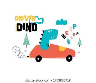 Driver dinosaur vector illustration for t-shirt design with slogan. Vector illustration design for fashion fabrics, textile graphics, prints.