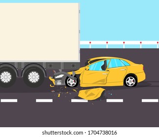 The driver was distracted by a phone call and did not notice the truck on the road. Vector illustration