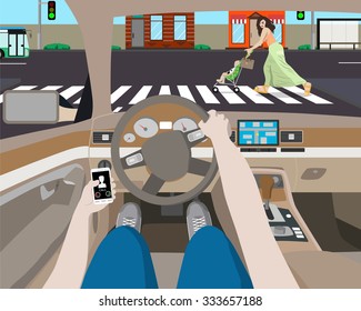 The driver was distracted by ringing phone and noticed a woman with a stroller on the road. Vector illustration