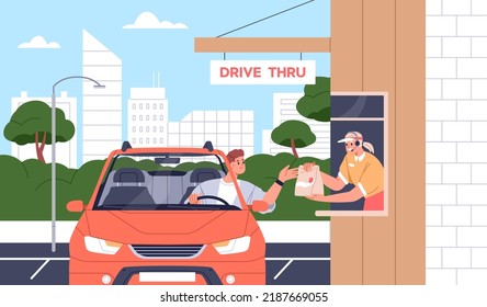 Driver At Drive Thru Through Service. Person Ordering Takeaway Fast Food From Car. Worker At Counter In Fastfood Cafe Booth With Window Giving Takeout Meal To Customer. Flat Vector Illustration