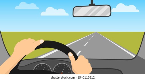The driver is driving a car. The driver rides on the road. Vehicle interior. Cartoon illustration of a car driving concept. Vector.