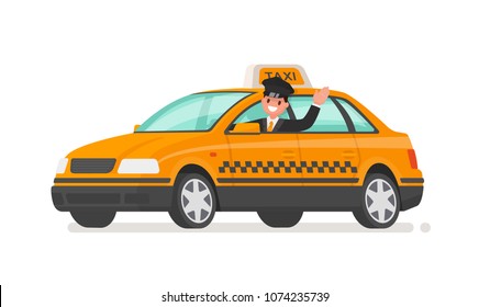 Driver is driving a taxi car. Yellow cab. Vector illustration in a flat style