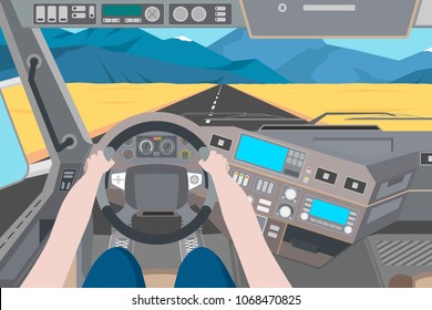 The driver is driving through the desert on a truck. Desert view from the cab of the truck. Vector illustration