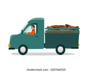 The Driver Is Driving A Truck Full Of Chopped Firewood For Logging. Delivery Of Firewood. Vector Illustration.