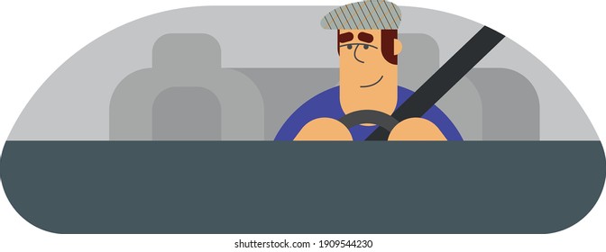 The driver is driving wearing a seat belt in a good mood