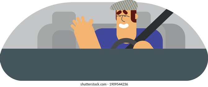 El conductor está conduciendo usando un cinturón de seguridad y olas amigables y sonrisas
