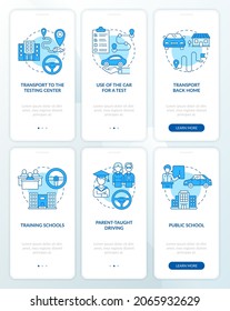 Driver education offers blue onboarding mobile app page screen set. Course for teens walkthrough 3 steps graphic instructions with concepts. UI, UX, GUI vector template with linear color illustrations