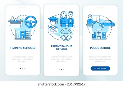 Driver education for teens blue onboarding mobile app page screen. Driving school walkthrough 3 steps graphic instructions with concepts. UI, UX, GUI vector template with linear color illustrations