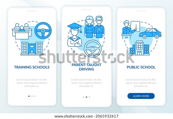 Driver education for teens blue onboarding\
mobile app page screen. Driving school walkthrough 3 steps graphic\
instructions with concepts. UI, UX, GUI vector template with linear\
color illustrations