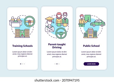 Driver education for teens onboarding mobile app page screen. Driving school walkthrough 3 steps graphic instructions with concepts. UI, UX, GUI vector template with linear color illustrations