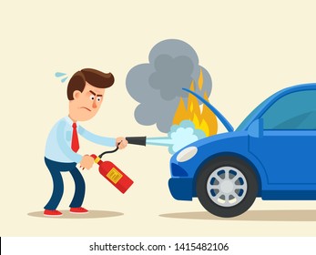 A Driver With A Fire Extinguisher Trying To Put Out The Fire In A Car Engine. Vector Illustration. Flat, Cartoon Style. Isolated Background.