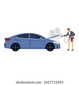 Un conductor con un extintor tratando de apagar el fuego en el motor de un coche. Ilustración vectorial plana aislada sobre fondo blanco