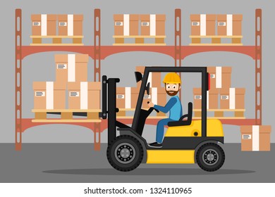 Driver of the forklift carries boxes in the warehouse.