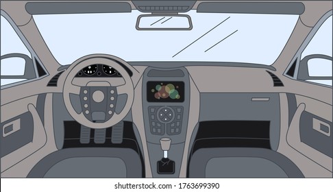 Driver front view with sensor panel, rudder, dashboard, and front panel. Interior of automobile, vehicle background. Design inside the car vector cartoon outline illustration.