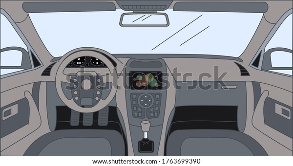 Driver front view\
with sensor panel, rudder, dashboard, and front panel. Interior of\
automobile, vehicle background. Design inside the car vector\
cartoon outline\
illustration.