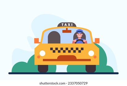 Driver going to customer by with car. Taxi on way to client. Online car order via smartphone. Vector flat illustration in green and yellow colors in cartoon style