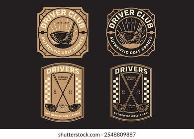 driver golf club with golf course retro badge logo design set for golfer, golf club, professional team, sport and tournament. driver golf stick with sunburst emblem illustration logo