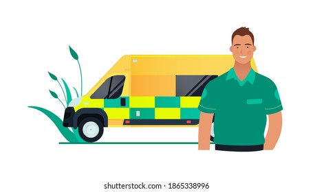 Driver in Green Clothes Standing near Yellow Ambulance Transport. Emergency Evacuation. Modern Flat Vector Concept Illustration.