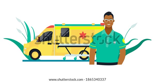 Driver in Green Clothes Standing near\
Yellow Ambulance Transport. Emergency Evacuation. Modern Flat\
Vector Concept\
Illustration.
