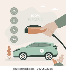 Driver hand holds plug of charger. Modern electric car on charging station. Fast charging. Eco clean transport, environmental protection. Technology of electric auto. flat vector illustration