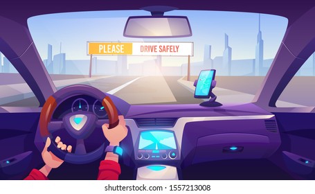 Driver Hands On Car Steering Wheel, Auto Interior With Gps On Dashboard Panel And Road View With Drive Safely Banner Through Windshield, Man Driving Automobile In City. Cartoon Vector Illustration