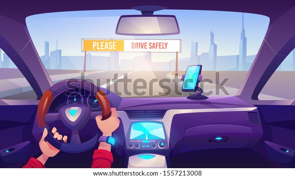 Driver hands on car steering wheel, auto\
interior with gps on dashboard panel and road view with drive\
safely banner through windshield, man driving automobile in city.\
Cartoon vector\
illustration