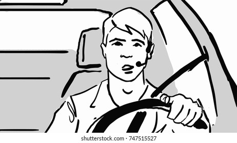 Driver with a headset holding the steering wheel. A man fastened with a seatbelt in a car. Man wearing a seat belt are in a car. Black and white vector sketch. Simple drawing.