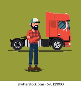 Driver With His Lorry. Cool Vector Flat Design Illustration On Truck Driver Character Standing In Front Of European Truck Vehicle