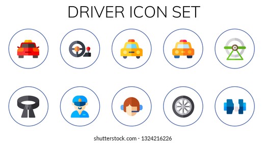 driver icon set. 10 flat driver icons.  Collection Of - taxi, belt, steering wheel, professions and jobs, wheel, seatbelt