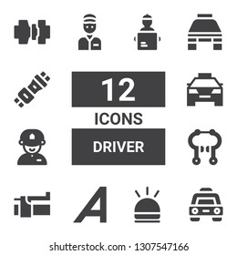 Driver Icon Set. Collection Of 12 Filled Driver Icons Included Taxi, Hooter, Adrive, Brake, Driver, Delivery Man, Seat Belt, Seatbelt