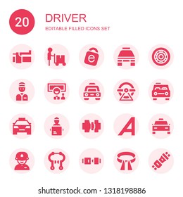 Driver Icon Set. Collection Of 20 Filled Driver Icons Included Brake, Delivery Man, Idrive, Taxi, Wheel, Seatbelt, Adrive, Driver, Seat Belt, Belt