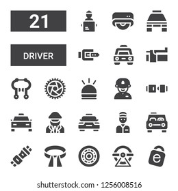 Driver Icon Set. Collection Of 21 Filled Driver Icons Included Idrive, Wheel, Belt, Seat Belt, Taxi, Delivery Man, Driver, Hooter, Brake, Drive