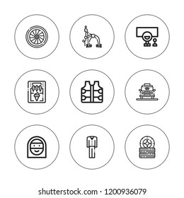 Driver icon set. collection of 9 outline driver icons with arab woman, brake, ice cream machine, vest, wheel, taxi icons. editable icons.