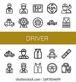 driver icon set. Collection of Delivery guy, Taxi, Taxi driver, Wheel, Gearstick, Delivery man, Vest, Driver, Delivery boy, Autonomous car, Steering wheel, Belt, Pedal icons