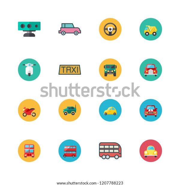 driver icon set. vector set about taxi, dump\
truck, steering wheel and bus icons\
set.