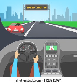 Driver inside a car. Hand on the steering wheel, automobile control. Flat vector illustration