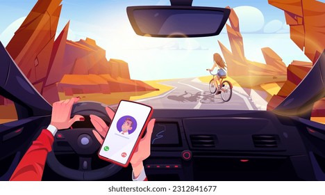 Driver inside car holding phone in hand on desert road cartoon background illustration. Windshield view on woman ride bicycle in canyon highway. Mobile calling interface and steering at sunny day.