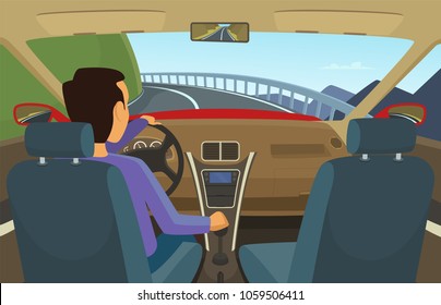 Driver Inside His Car. Vector Illustration In Cartoon Style. Driver Car, Automobile Transportation On Road