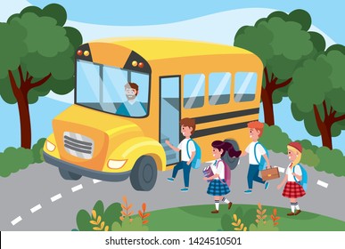 driver inside school bus with girls and boys students
