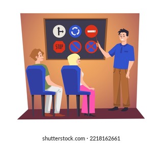 Driver instructor explains road signs to students flat style, vector illustration isolated on white background. Theory class, people, driving school. Road signs on chalkboard