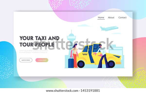 Driver Invite Girl Passenger to Car on Airport\
Background. Woman with Luggage Going to Sit in Yellow Cab. City\
Taxi, Destination Website Landing Page, Web Page. Cartoon Flat\
Vector Illustration\
Banner