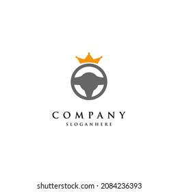 driver king logo design on isolated background. steering wheel with crown logo design icon template