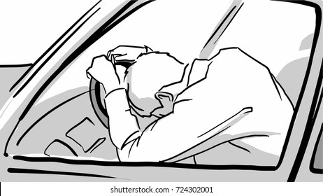 The driver laid his head on the steering wheel, black and white vector sketch. The tired driver simple drawing.