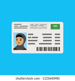 Driver license with arabic woman photo,flat vector illustration