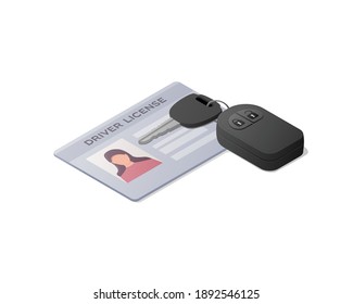 Licencia de conducir y clave de coche. Isometric de color, ilustración vectorial. Aislado sobre fondo blanco.