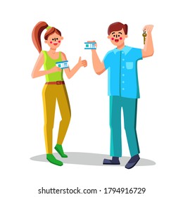 Driver License And Car Key Holding People Vector. Young Man And Woman Showing Driver License Plastic Card. Characters Hold Official Document Driving Permit Flat Cartoon Illustration
