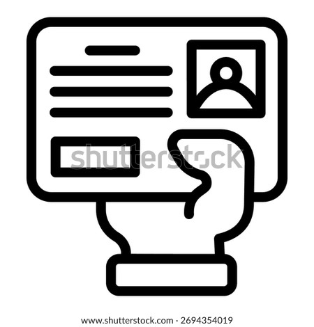 Driver license card in hand line icon, learners permit concept. Vector graphics. Hand with identity badge, driving sign on white background, outline style icon for mobile or web design
