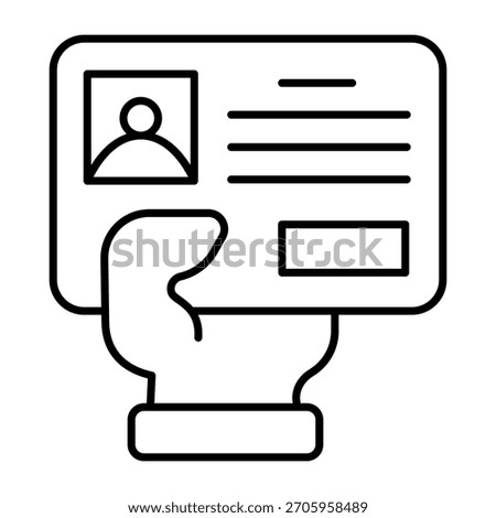 Driver license card in hand thin line icon, learners permit concept. Vector graphics. Hand with identity badge, driving sign on white background, outline style icon for mobile or web design