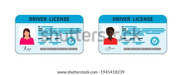 Driver license. Card of driver licence with id.\
Document with identity of drive and photo. Icon for identification\
of driver, car. Profile of person of woman, man on plastic\
international card.\
Vector